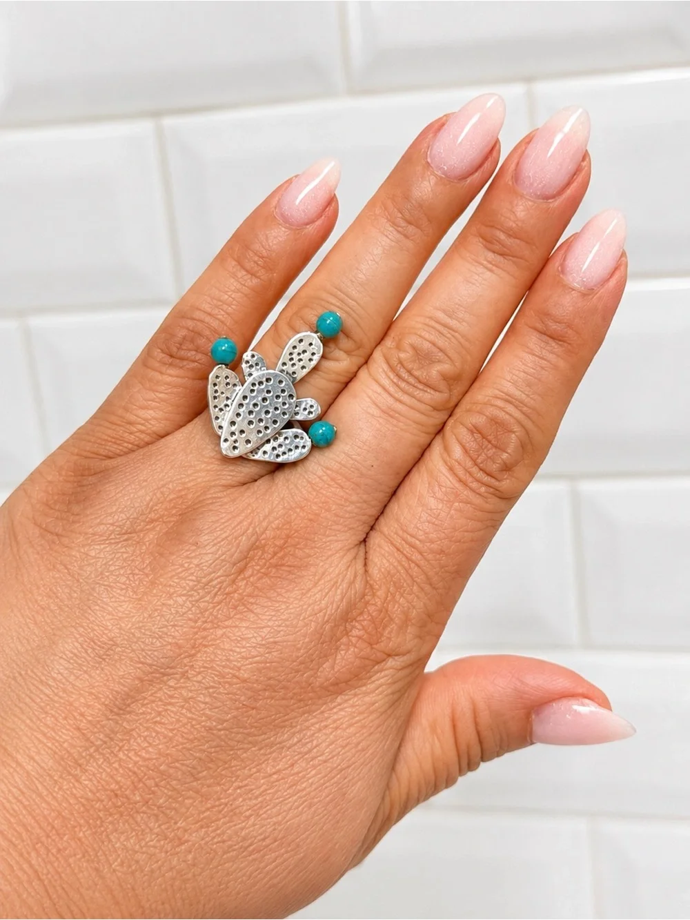 Turquoise Accent Cactus Sterling Silver Ring
